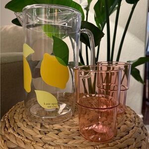 Kate Spade Lemon Pitcher and Pink Glass Set